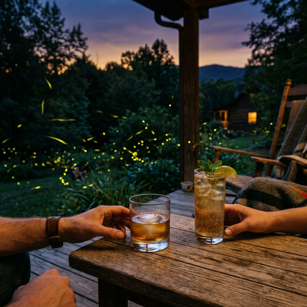 Two hands holding drinks on a wooden porch table at dusk with fireflies glowing in the background